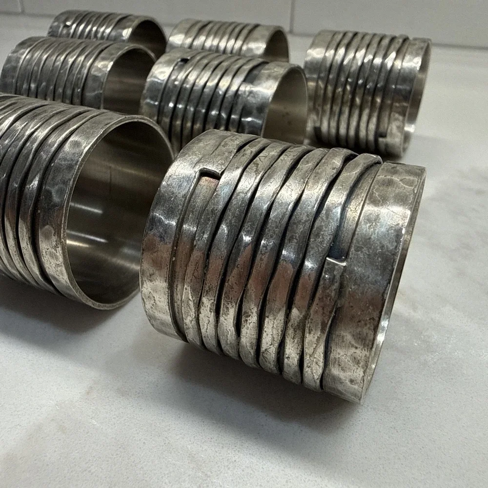 Vintage Brutalist Napkin Rings Set of 8 Pewter Tone Wrapped Coil Modernist